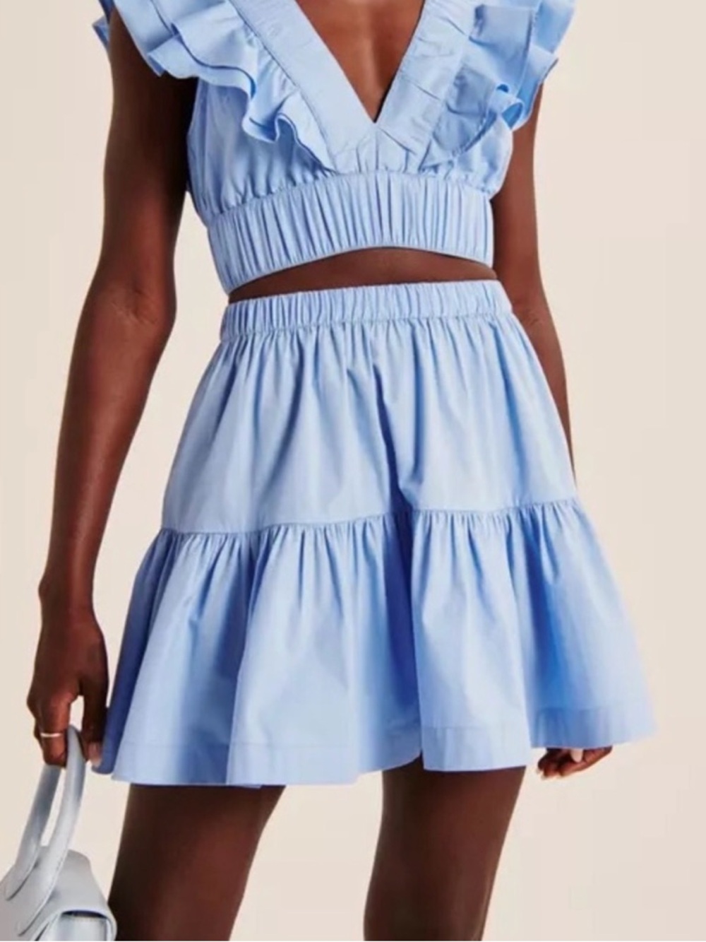 Abercrombie & Fitch Poplin Tiered Elastic Waistband Mini Skirt Light Blue Large
